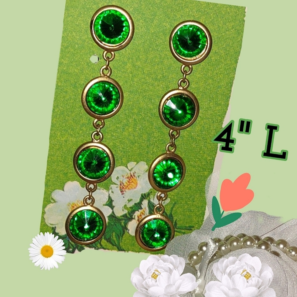 Green Rhinestone Rivoli Stone Dangle Vintage Earrings